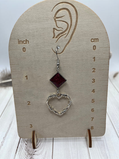 Red Glitter Barbed Wire Heart Earrings - The Diamond Spur Boutique