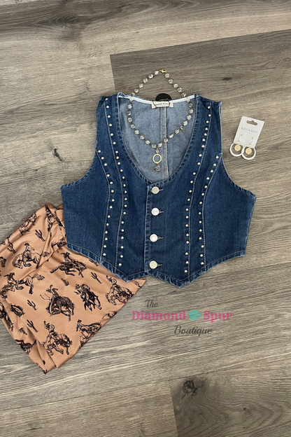 Studded Denim Vest - The Diamond Spur Boutique