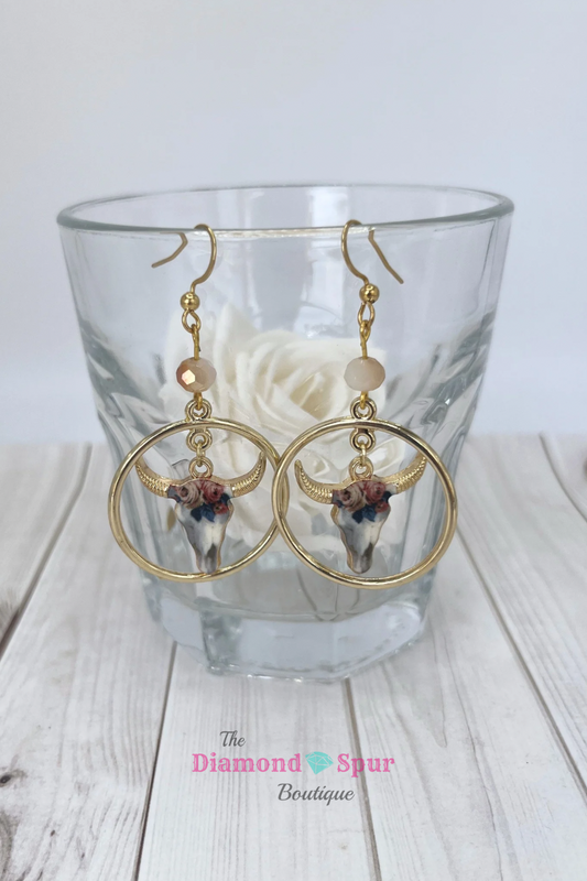 Floral Steer Skull Drop Hoop Earrings