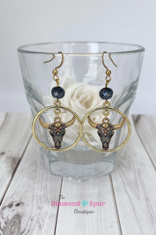 Aztec Steer Skull Drop Hoop Earrings