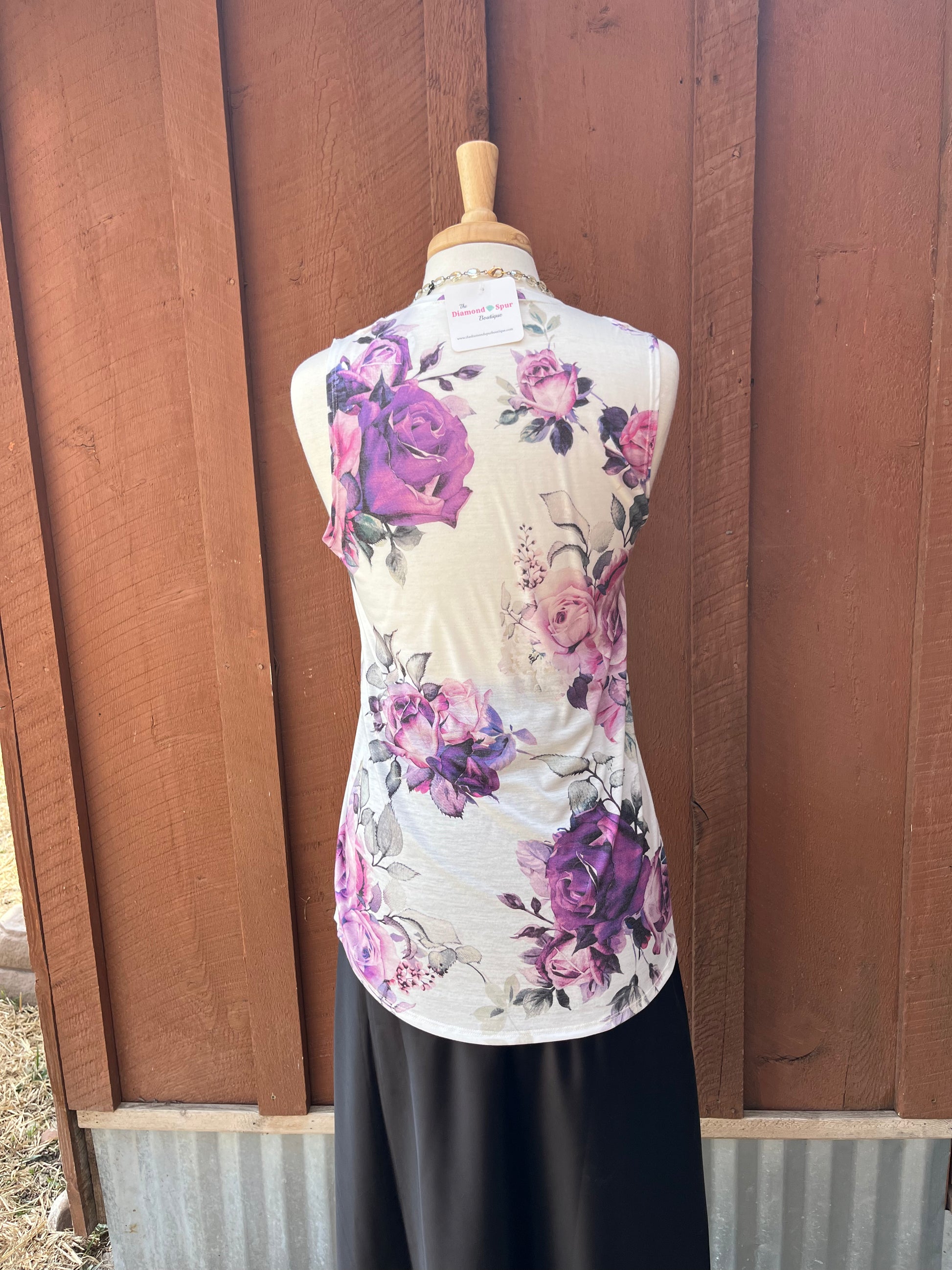 Purple Roses Sleeveless Cutout Shoulder - The Diamond Spur Boutique