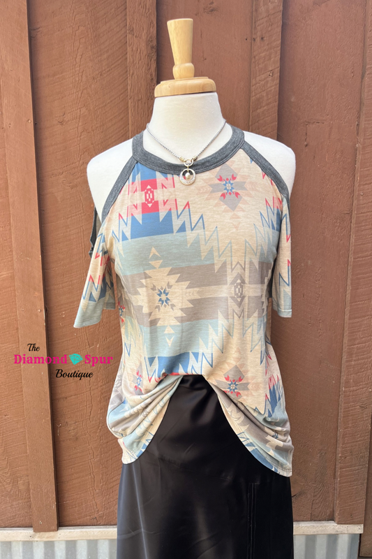 Aztec Cold Shoulder Top - The Diamond Spur Boutique
