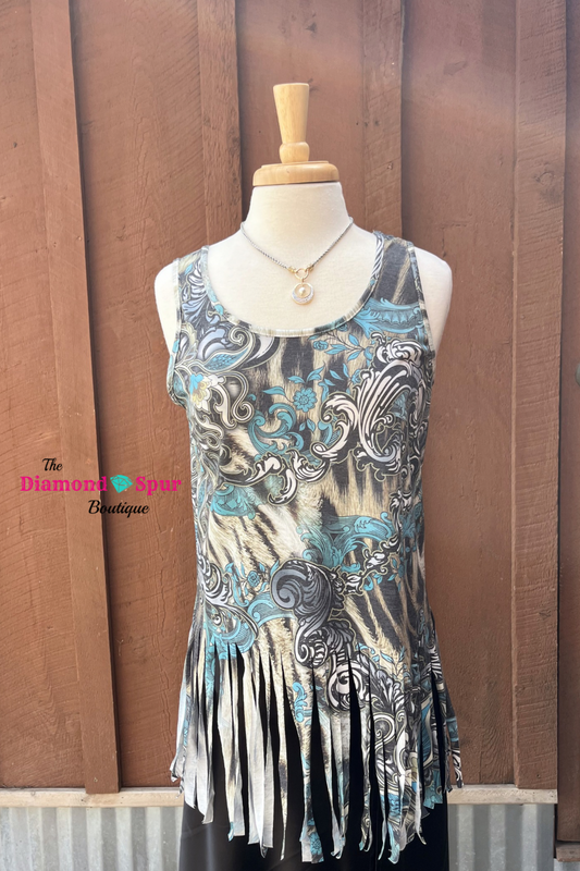 Paisley Sleeveless Cut Fringe Top - The Diamond Spur Boutique
