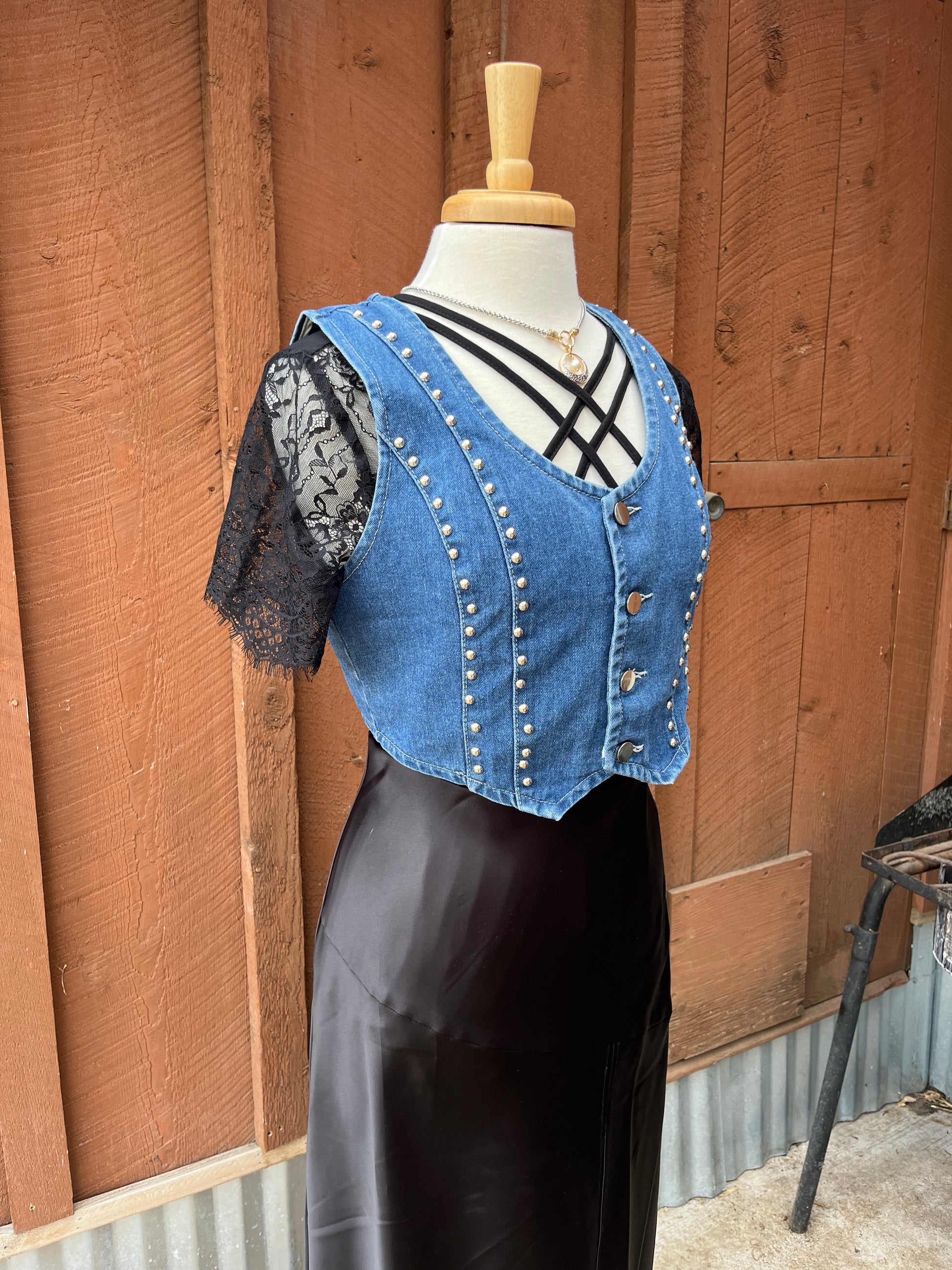 Studded Light Blue Denim Vest - The Diamond Spur Boutique
