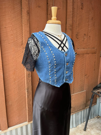 Studded Light Blue Denim Vest - The Diamond Spur Boutique