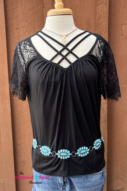 Black Lace Sleeve Crossed Neckline Tee - The Diamond Spur Boutique