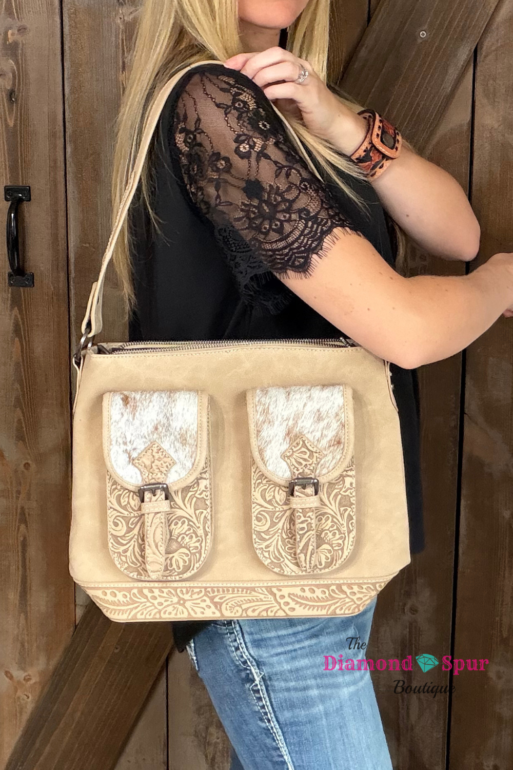 Double Pocket Genuine Hair On Hide Concealed Carry Handbag-Cream