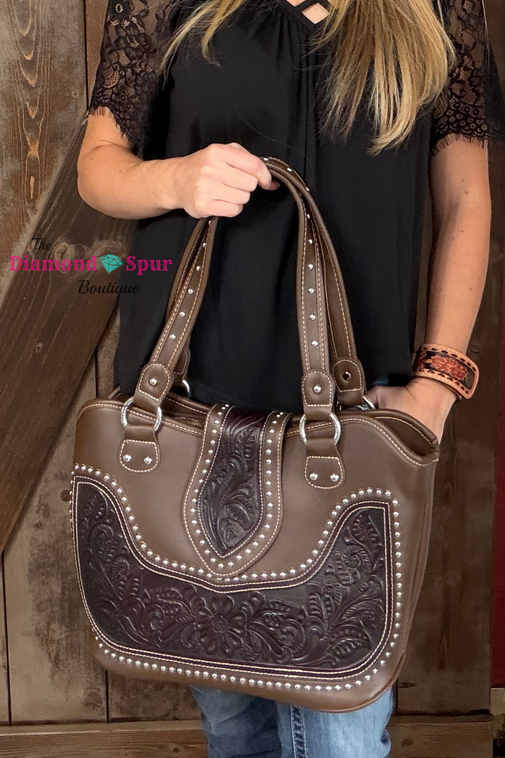 Two Toned Brown Tooled Concealed Carry Handbag
