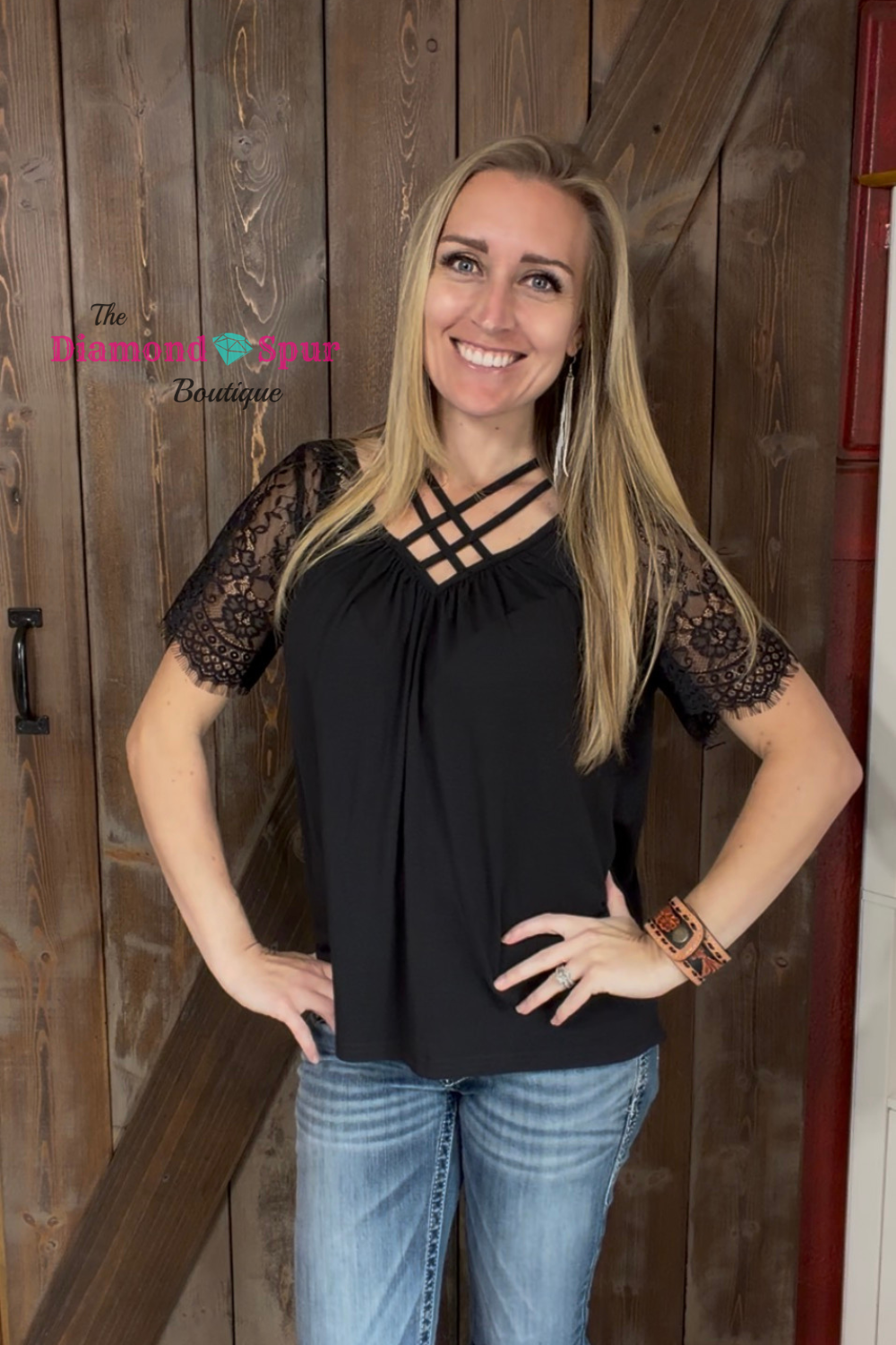 Black Lace Sleeve Crossed Neckline Tee