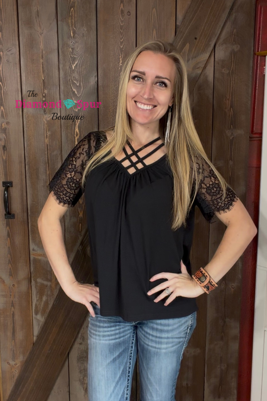 Black Lace Sleeve Crossed Neckline Tee