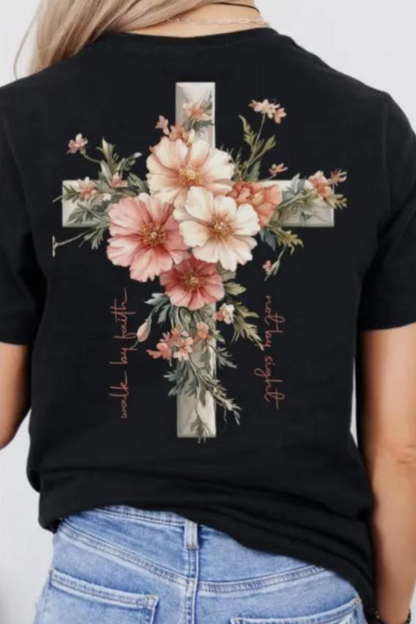 Back of the t-shirt. Large cross covered in beautiful floral arrangement 