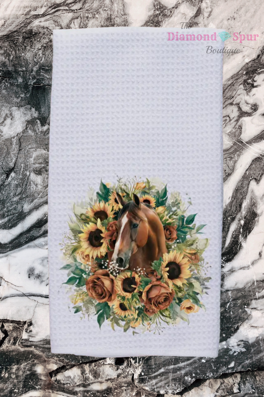 white waffle dish towel with horse head in sunflowers and roses