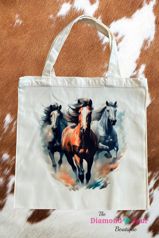 Canvas tote bag with running horses watercolor picture