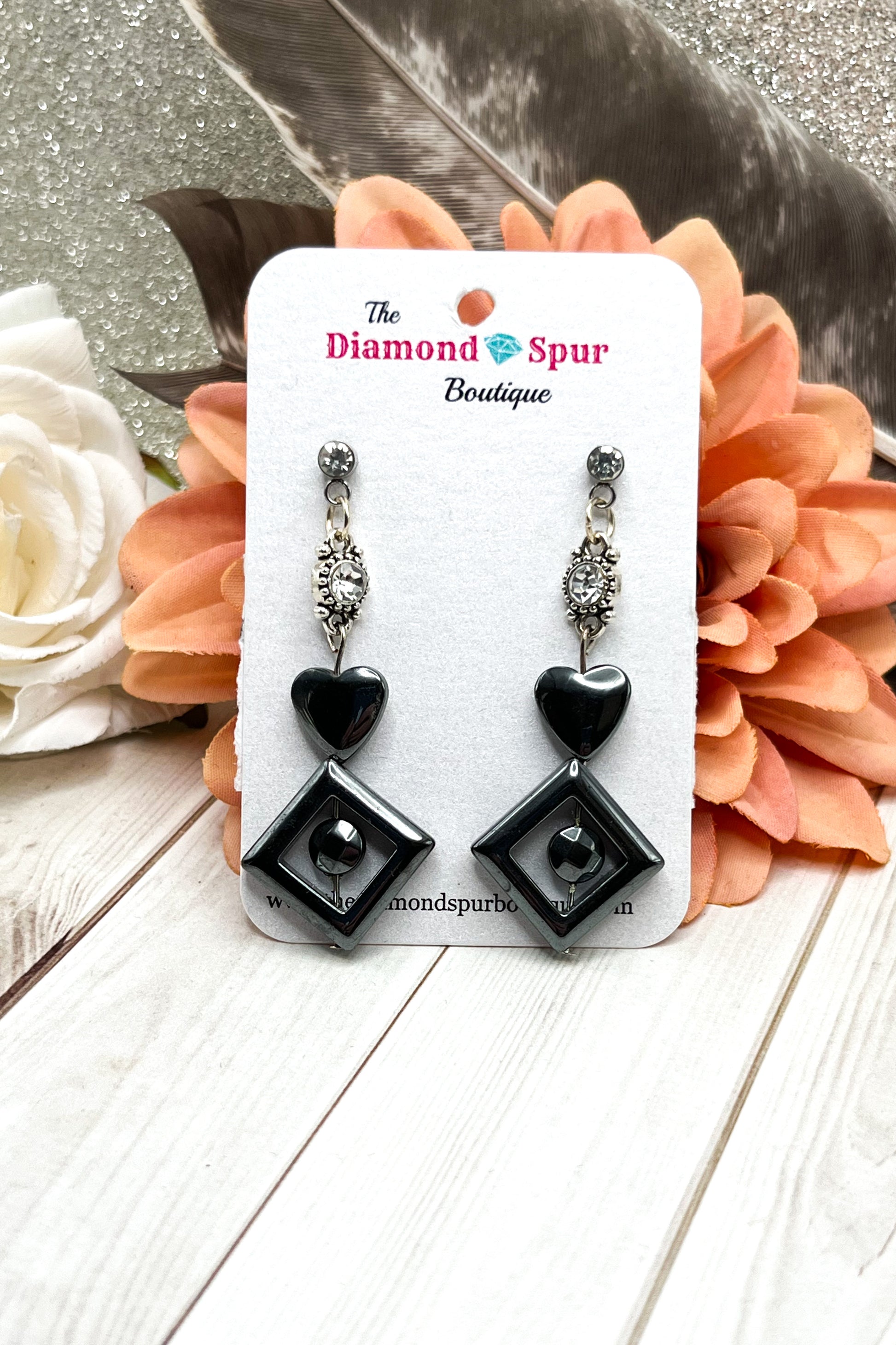 Dark gray and silver post back earrings with heart, diamond and circle beads