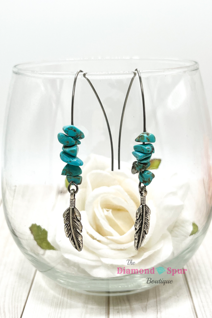Turquoise Chip and Feather Earrings