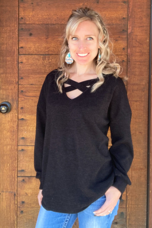 Black Crossed Neckline Shirt - The Diamond Spur Boutique