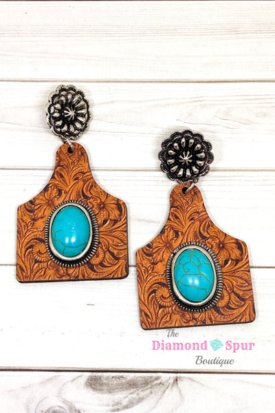 Turquoise & Tooled Leather Print Wood Earrings - The Diamond Spur Boutique