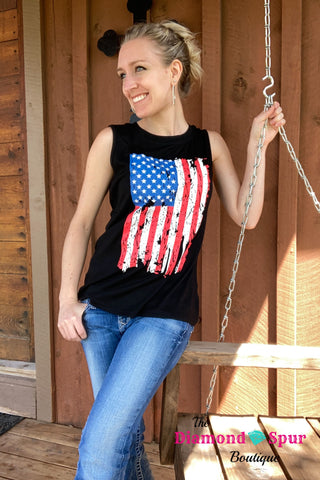 Sleeveless Distressed Flag Top - The Diamond Spur Boutique