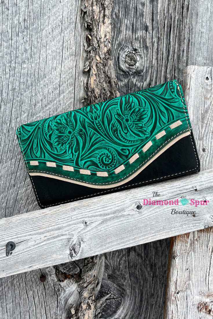 Tooled Saddle Stitch Detail Secretary Style Wallet - The Diamond Spur Boutique