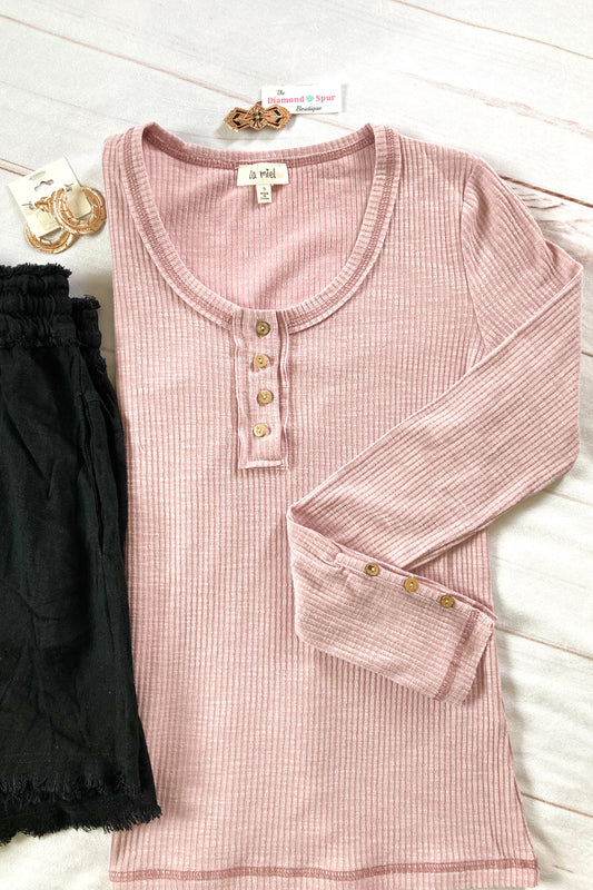 Mauve Basic Button Henley Shirt - The Diamond Spur Boutique